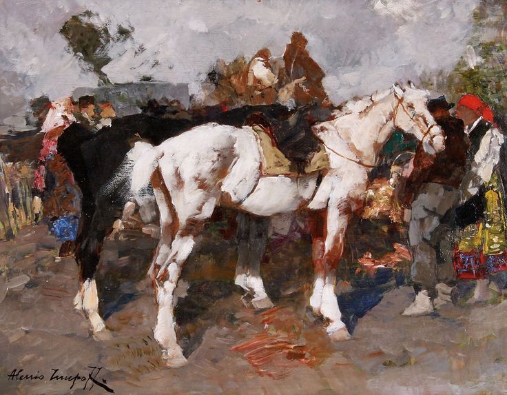 А. Исупов «Рыночная сцена с лошадьми»  Холст, масло 59 х 73,5 см  Частное собрание.