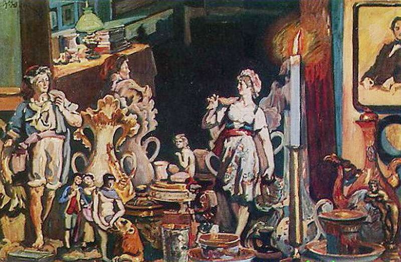 К.Ф. Юон «Интимный мир» 1910 г. Бумага, темпера. 62 X 95 см Псковская картинная галерея.
