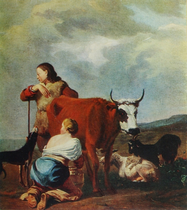 Семён Фёдорович Щедрин «Доение коровы» 1770-е годы. Холст, масло. 34х45 см Псковская картинная галерея.